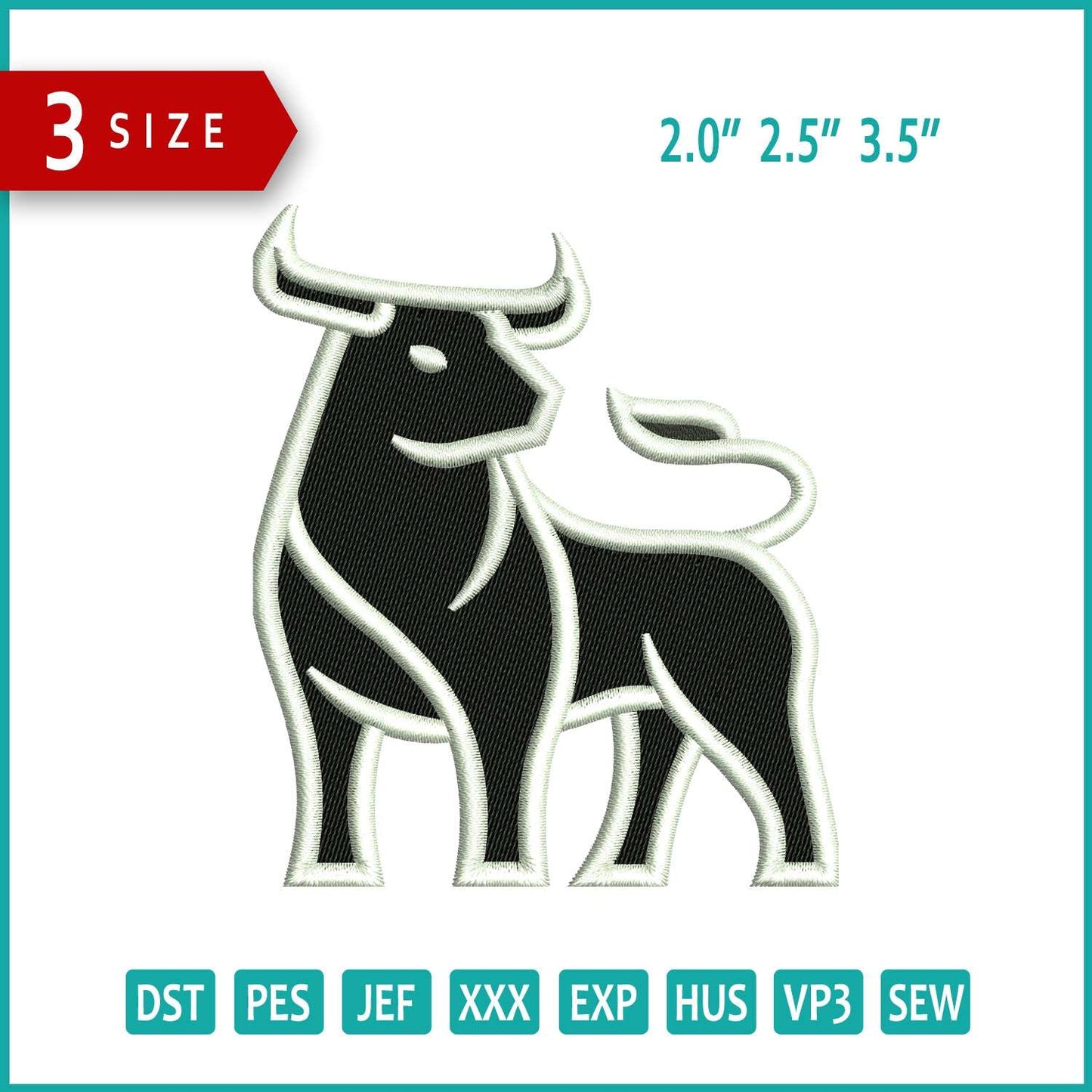 Bull Embroidery Design Files - 3 Size's