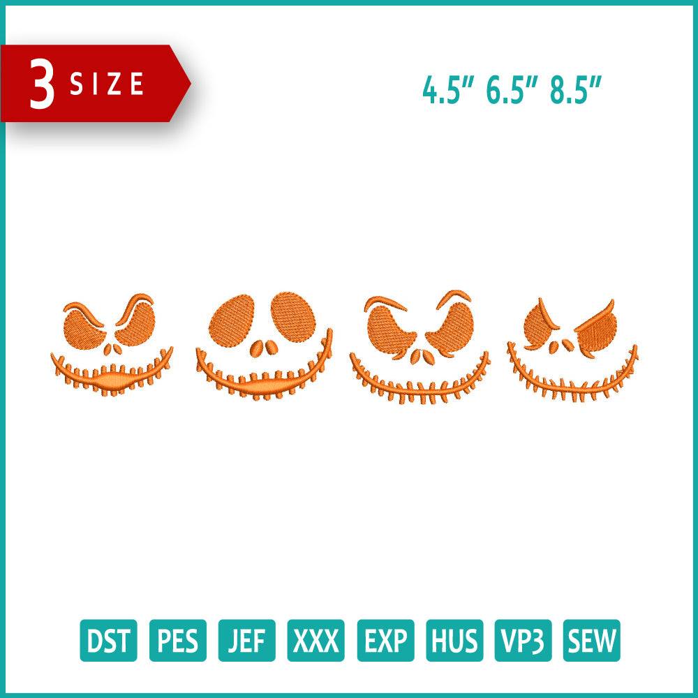 4 Halloween Pumpkin Face Embroidery Design Files - 3 Size's