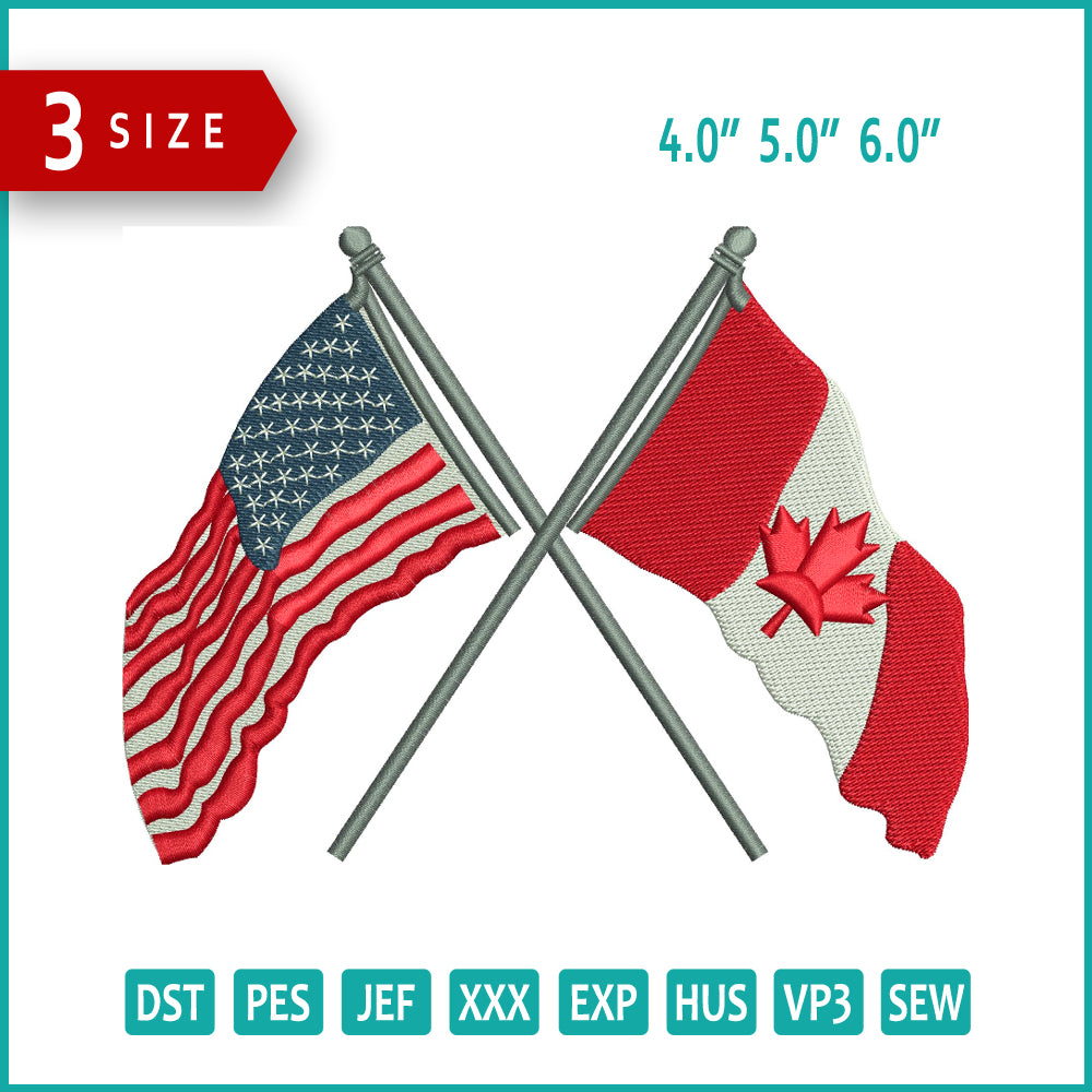 US & Canadian Flag Embroidery Design Files - 3 Size's