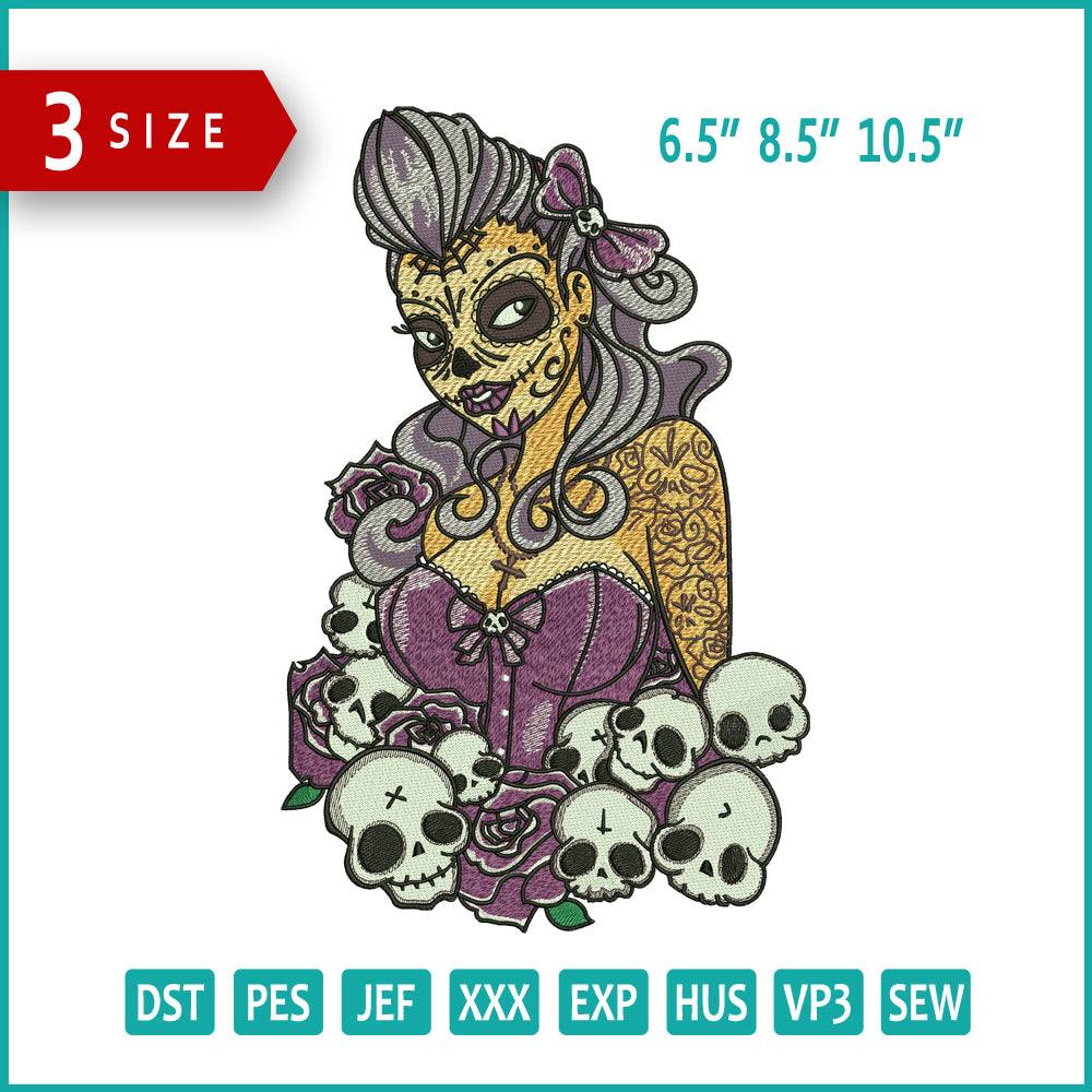 Halloween Skull Girl Embroidery Design Files - 3 Size's