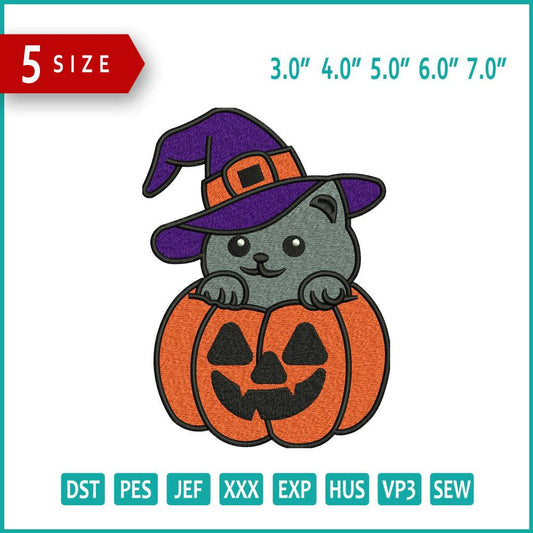 Cat In The Pumkin Embroidery Design Files - 5 Size's