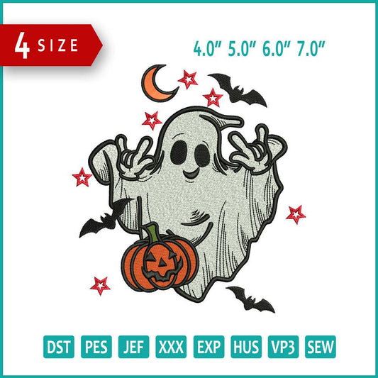 Happy Ghost Embroidery Design Files - 4 Size's