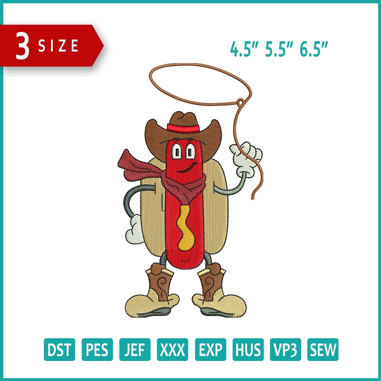 Hot Dog Cowboy Embroidery Design Files - 3 Size's