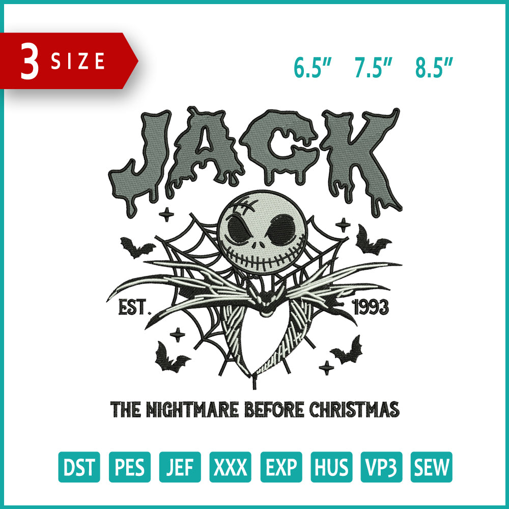 Jack The Nightmare Before Christmas Embroidery Design Files - 3 Size's