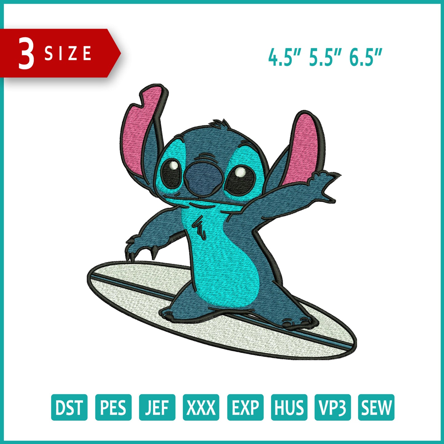 Stitch on a Surfboard Embroidery Design Files - 3 Size's