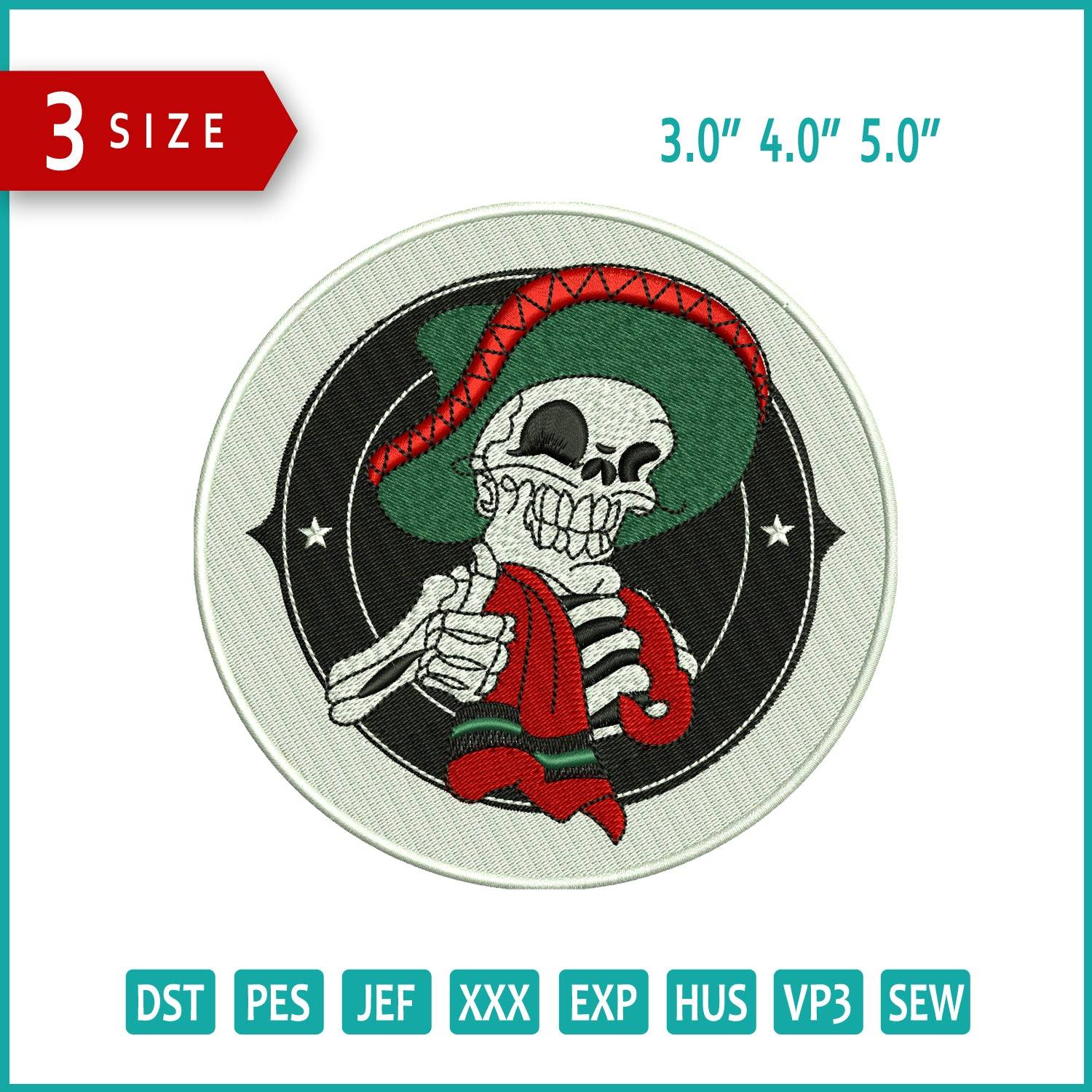 Mexican Skull Embroidery Design Files - 3 Size's