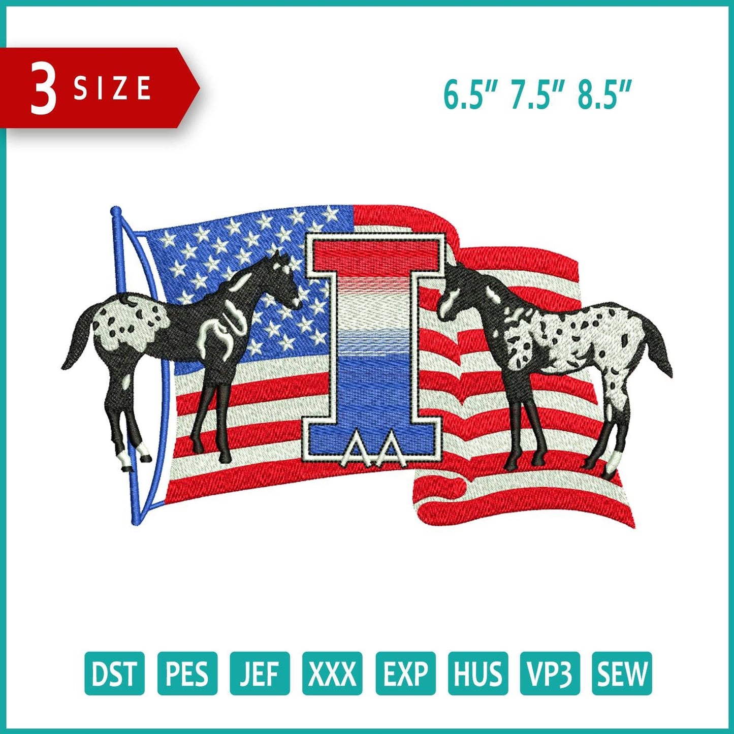 Horse with America Flag Embroidery Design Files - 3 Size's