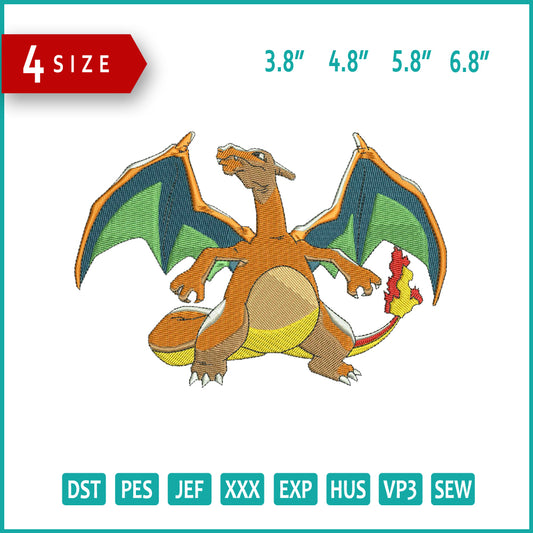 Charizard Pokemon v3 Embroidery Design Files - 4 Size's