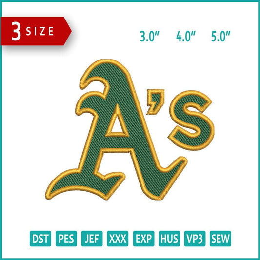 Oakland Athletics AS Logo Embroidery Design Files - 3 Size's