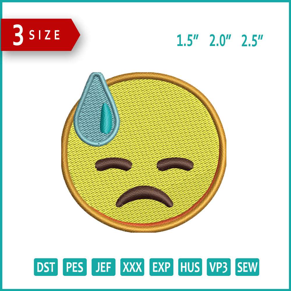 Downcast Face with Sweat Emoji Embroidery Design Files - 3 Size's