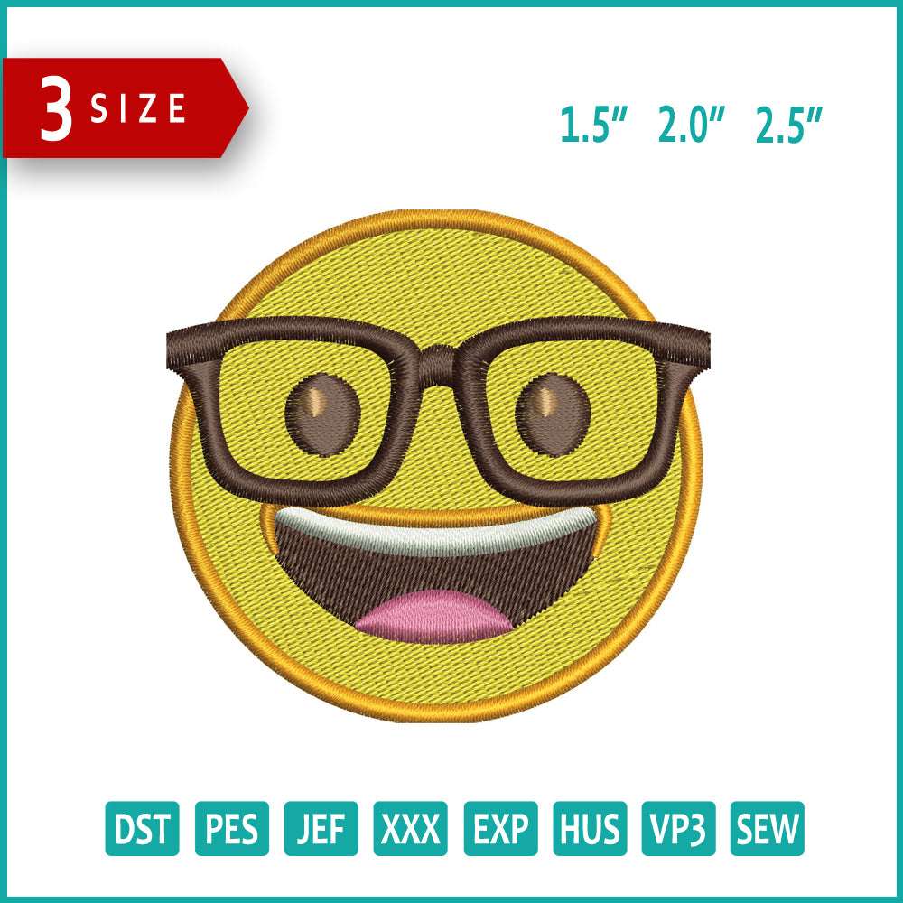 Nerd Face Emoji Embroidery Design Files - 3 Size's