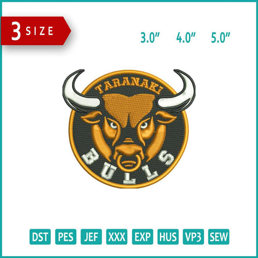 Taranaki Bulls Logo Embroidery Design Files - 3 Size's