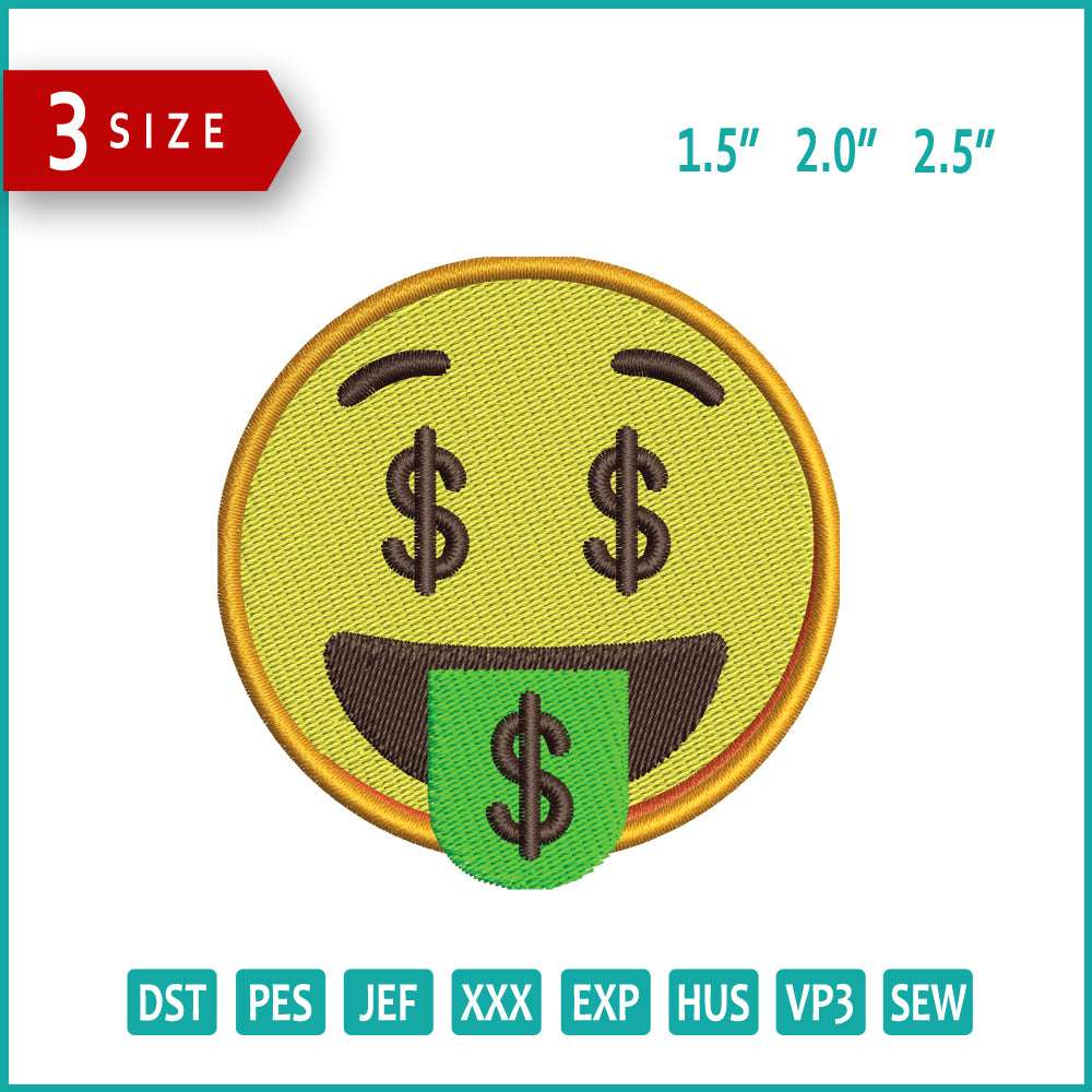 Money Mouth Face Emoji Embroidery Design Files - 3 Size's