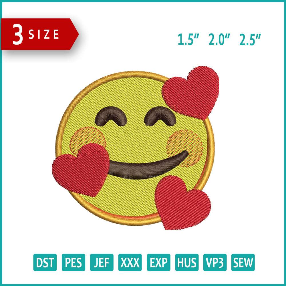 Smiling Face with Hearts Emoji Embroidery Design Files - 3 Size's