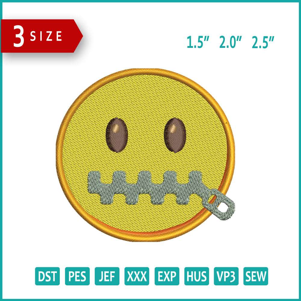 Zipper Mouth Face Emoji Embroidery Design Files - 3 Size's