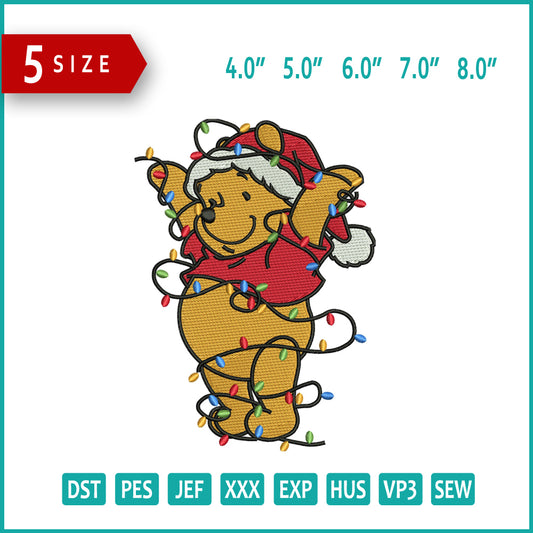 Pooh Christmas Lights Embroidery Design Files - 5 Size's