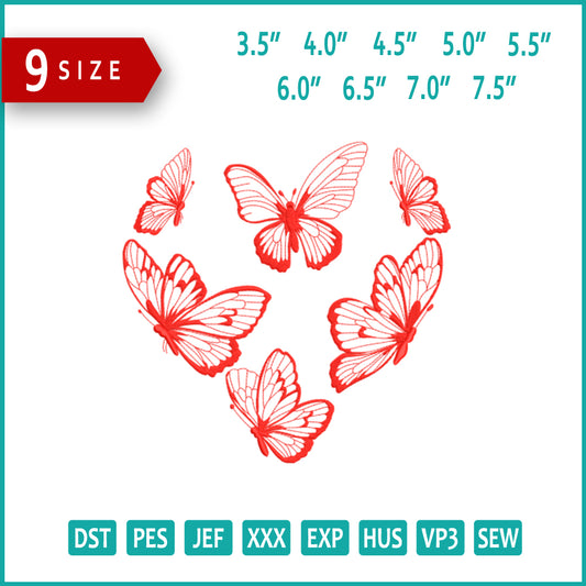 Butterfly Heart Embroidery Design Files - 9 Size's