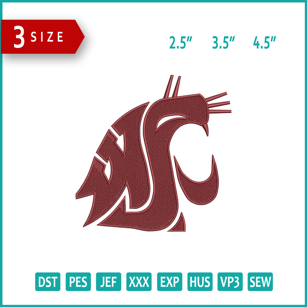 Washington State Cougars Logo Embroidery Design Files - 3 Size's