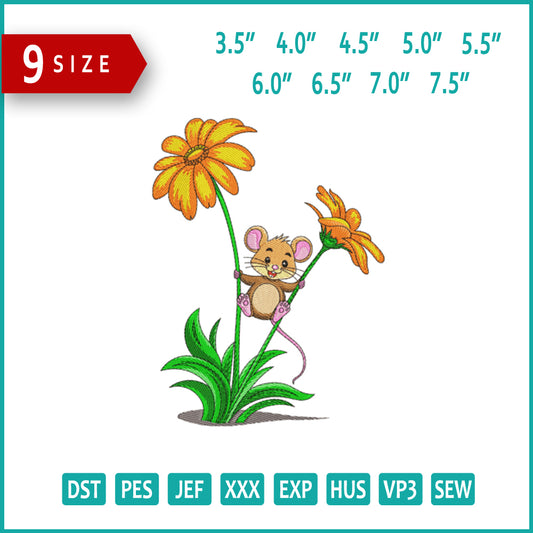 Daisy Swing Mouse Embroidery Design Files - 9 Size's