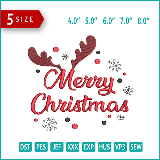 Merry Christmas Deer Horns Embroidery Design Files - 5 Size's
