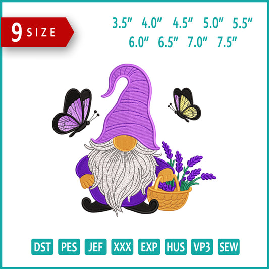 Lavender Garden Gnome Embroidery Design Files - 9 Size's
