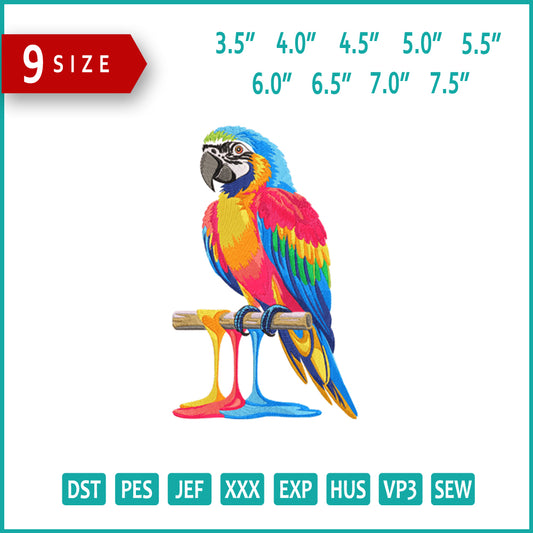 Colorful Parrot with Dripping Prints Embroidery Design Files - 9 Size's