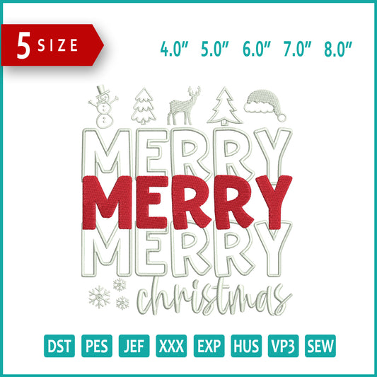 Merry Merry Merry Christmas Embroidery Design Files - 5 Size's
