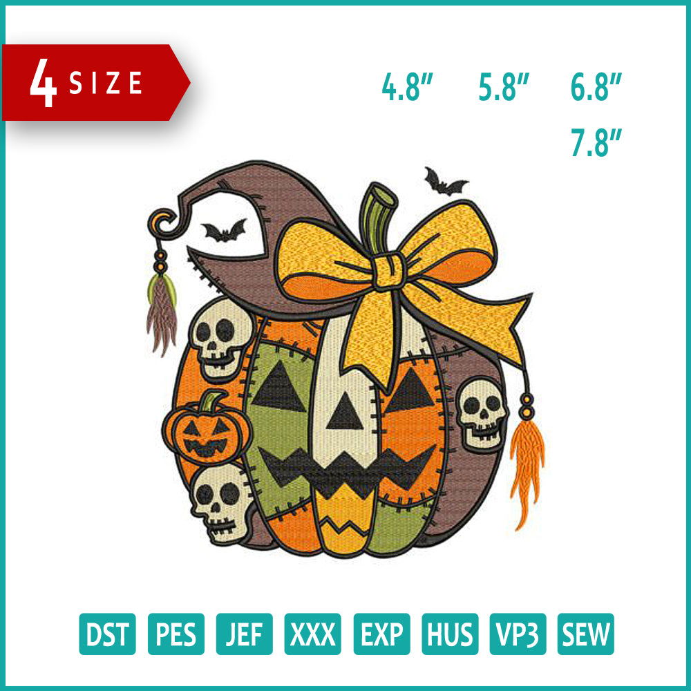 Spooky Fabric Pumpkin Embroidery Design Files - 4 Size's