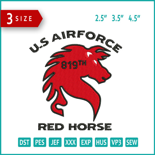 US Airforch Red Horse Embroidery Design Files - 3 Size's