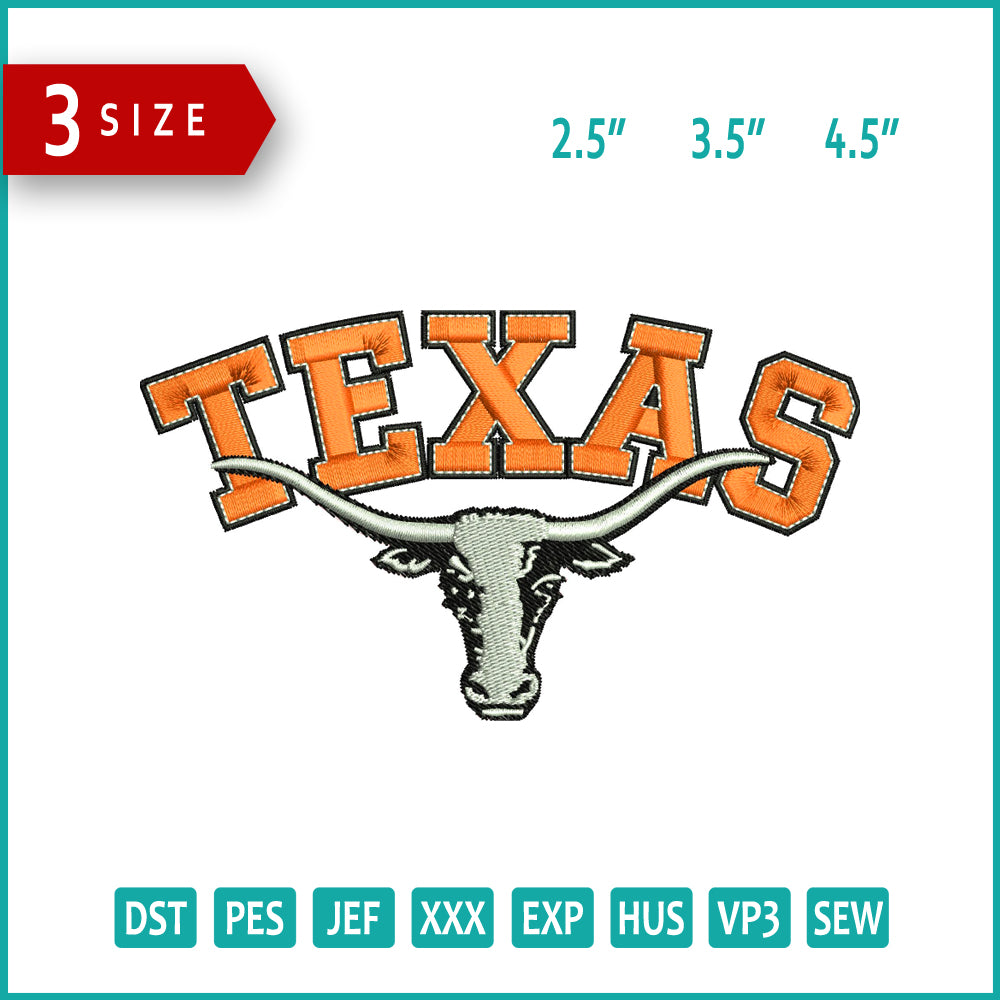 Texas Longhorns Logo Embroidery Design Files - 3 Size's