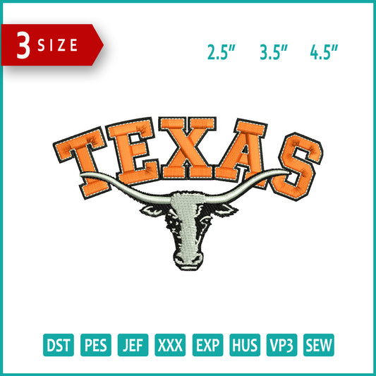 Texas Longhorns Logo Embroidery Design Files - 3 Size's