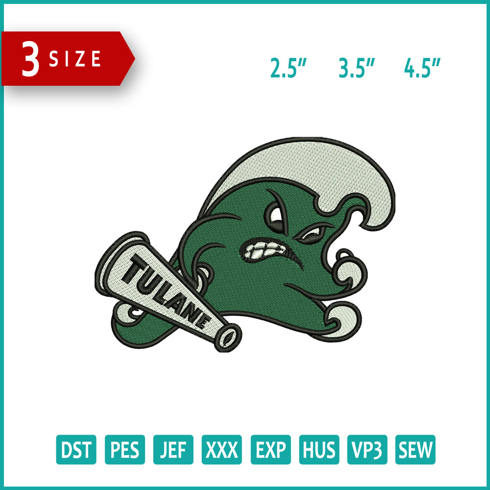 Tulane Green Wave Logo Embroidery Design Files - 3 Size's