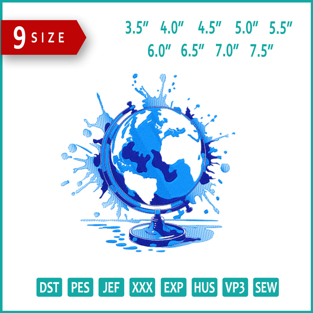 The Earth with World Embroidery Design Files - 9 Size's