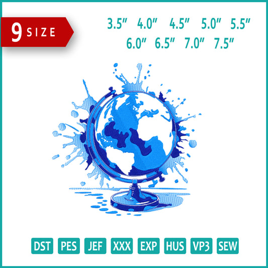 The Earth with World Embroidery Design Files - 9 Size's