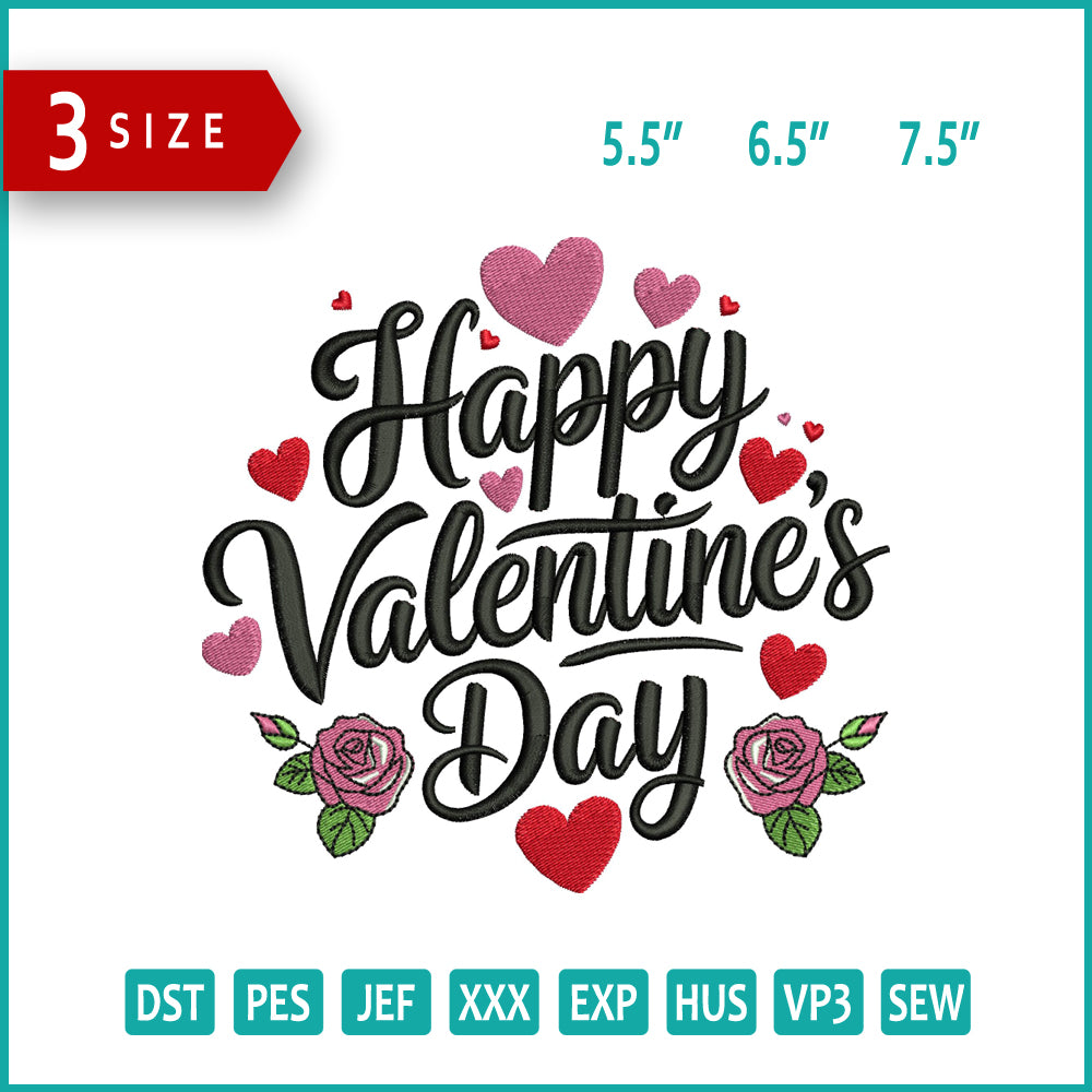 Happy Valentines Day v3 Embroidery Design Files - 3 Size's