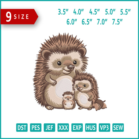 Hedgehog Family Cuddles Embroidery Design Files - 9 Size's