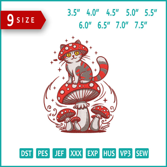 Cat with Mushroom Embroidery Design Files - 9 Size's