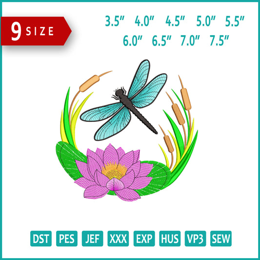 Dragonfly and Lotus Pond Embroidery Design Files - 9 Size's