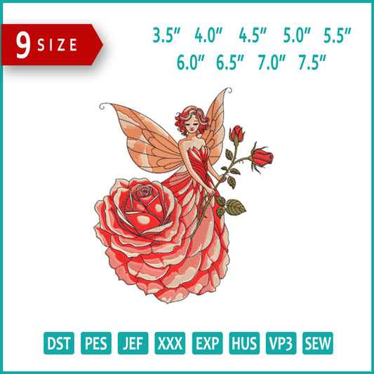 Rose Fairy Embroidery Design Files - 9 Size's