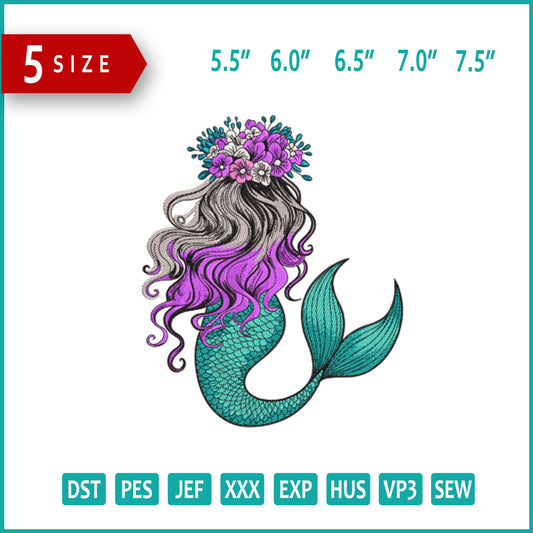Floral Mermaid Embroidery Design Files - 5 Size's