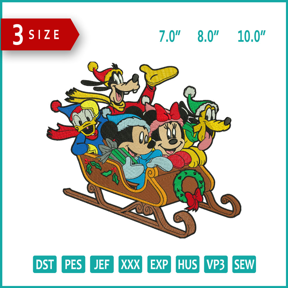 Disney Friends Sleigh Embroidery Design Files - 3 Size's