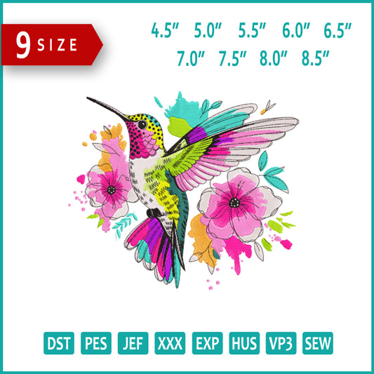 Colorful Hummingbird Splash Embroidery Design Files - 9 Size's