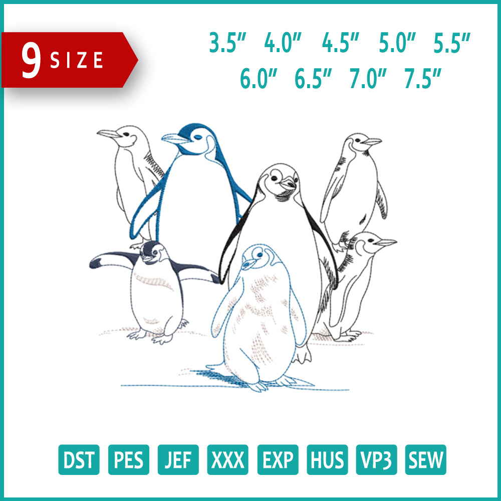 Penguin Group Embroidery Design Files - 9 Size's
