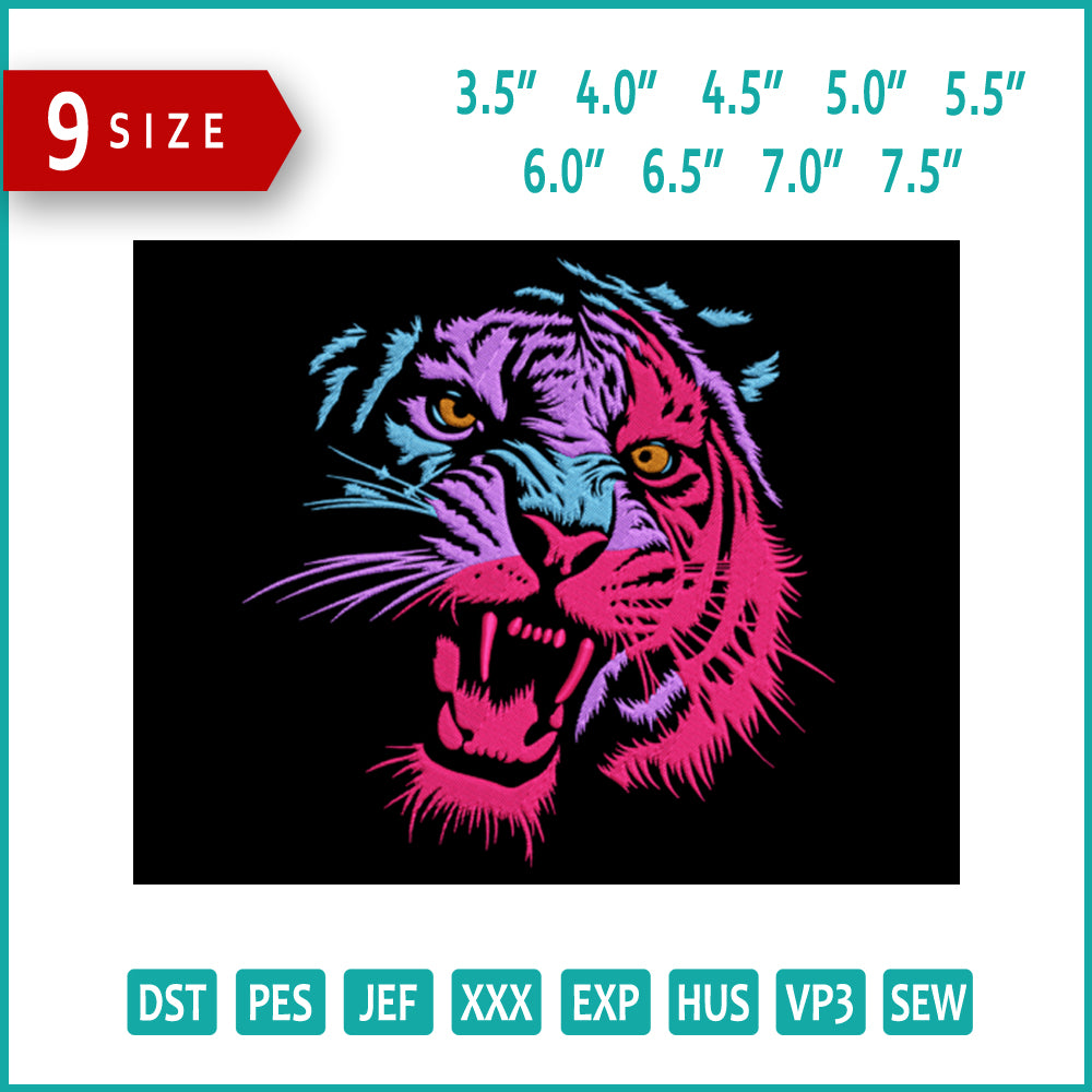 Multicolor Roaring Tiger Embroidery Design Files - 9 Size's