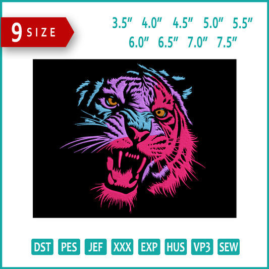 Multicolor Roaring Tiger Embroidery Design Files - 9 Size's