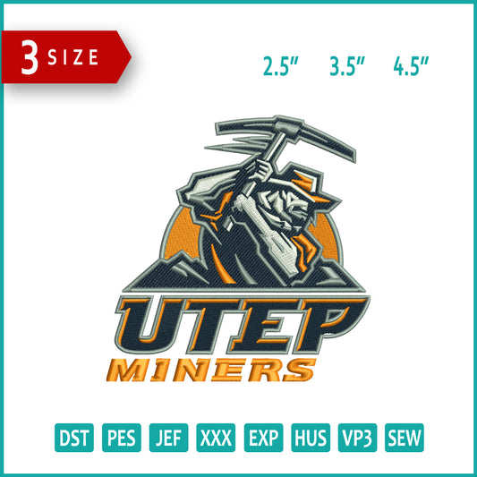 UTEP Miners football Logo Embroidery Design Files - 3 Size's