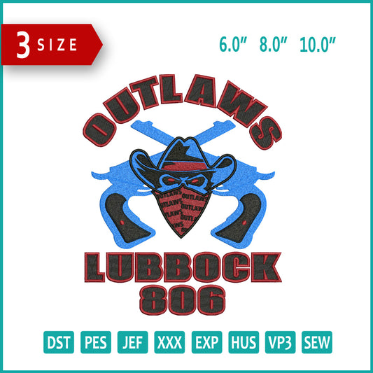 Outlaws Lubbock 806 Embroidery Design Files - 3 Size's