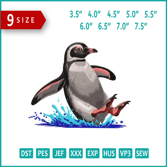 Penguin Splash Embroidery Design Files - 9 Size's