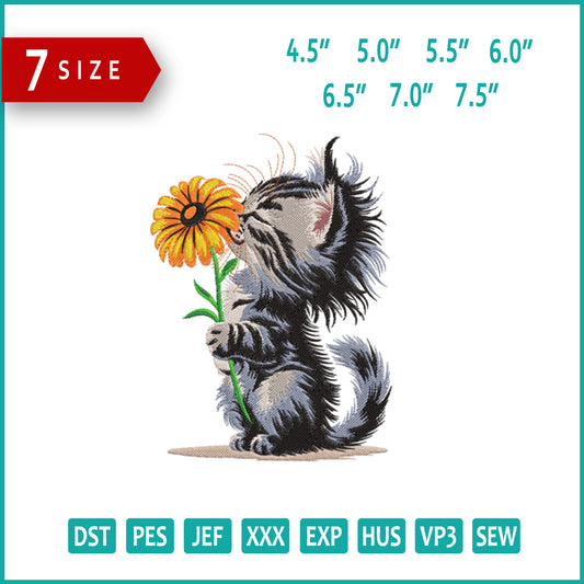 Cute Cat with Flower Embroidery Design Files - 7 Size's