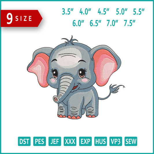 Baby Elephant V2 Embroidery Design Files - 9 Size's